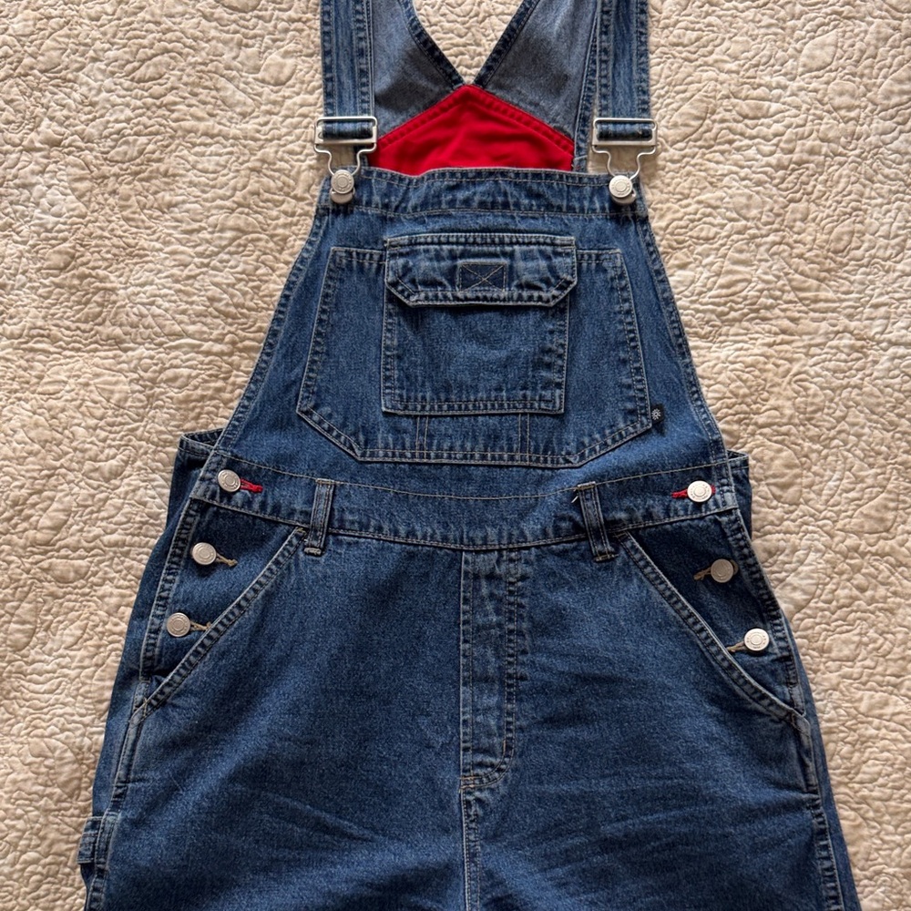 No Boundaries Dark Blue Denim Overalls with Red Bib Accent